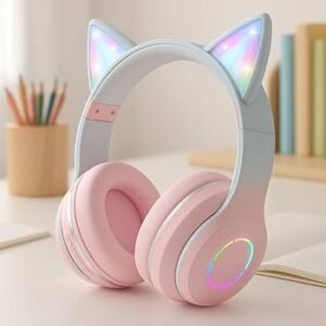 AKZ-02 Cat Ear Wireless Bluetooth Headphones – RGB Light-Up Headset with Heavy Bass & Gradient Pink Design