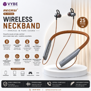 Recrsi RE-NY030 Wireless Bluetooth Neckband – 32H Battery, 10mm Drivers, IPX5 Waterproof, Fast Charging for Sports & Gaming – Black