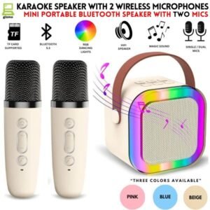 K12 Bluetooth Portable Speaker with Double Mic – Karaoke Wireless Speaker with RGB LED Lights, TF Card & USB Playback for Kids & Home – Multicolor